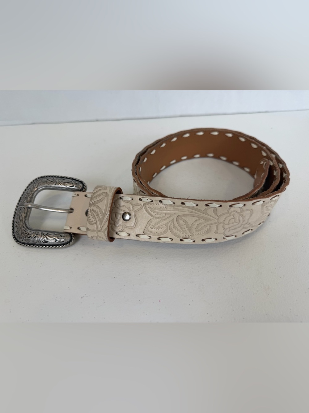 Shyanne Western Leather Belt Floral Tooled Cream Tan Boho Silver Ornate Buckle